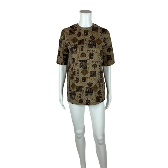 Vintage 50s Egyptian Top Women's Medium Novelty Print Brown Button Back Cotton - Picture 10 of 10